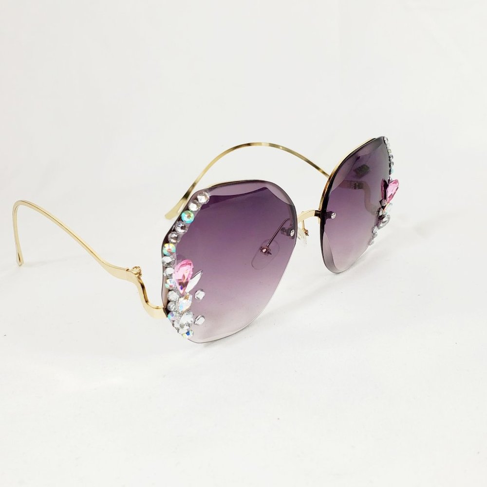 Retro Crystal / Gold Rimless Butterfly Black Polarized Lens Sunglasses ES1430